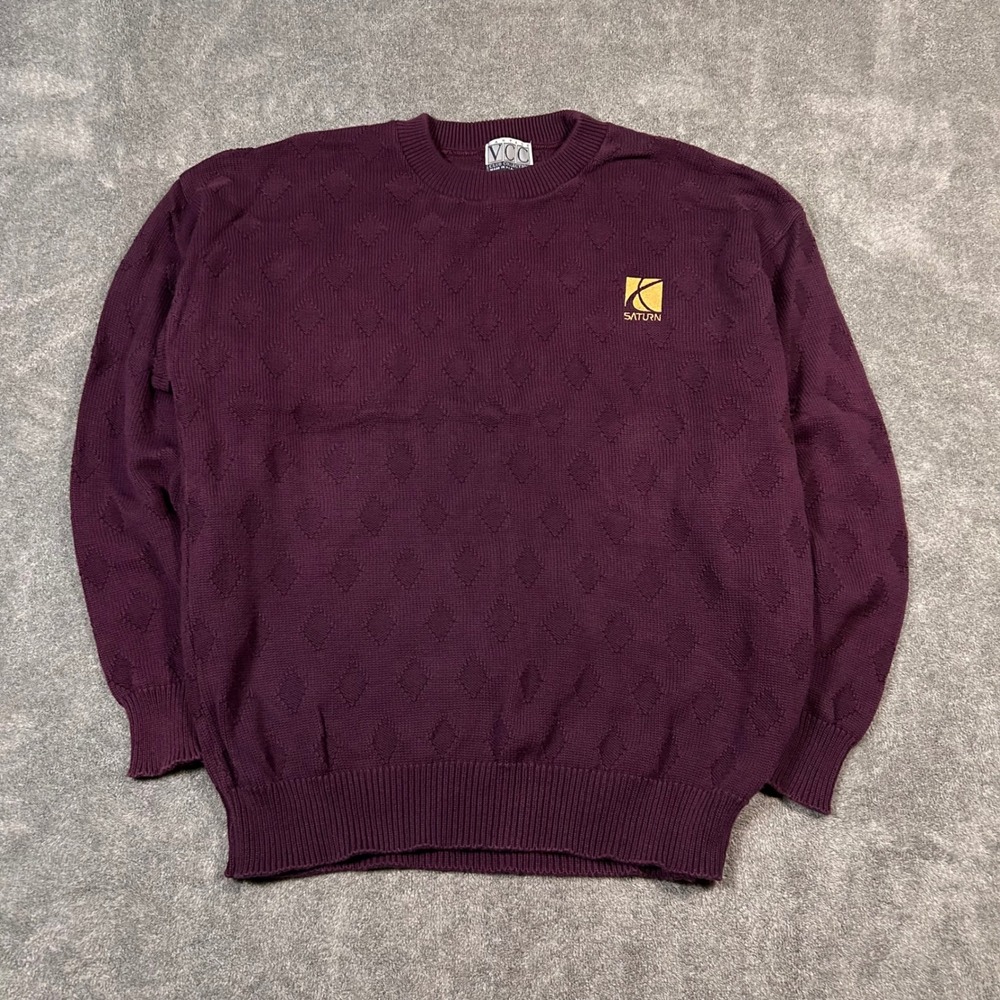 Vintage VCC Saturn Logo Sweater Mens Large Burgundy Cotton Diamond Knitwear USA